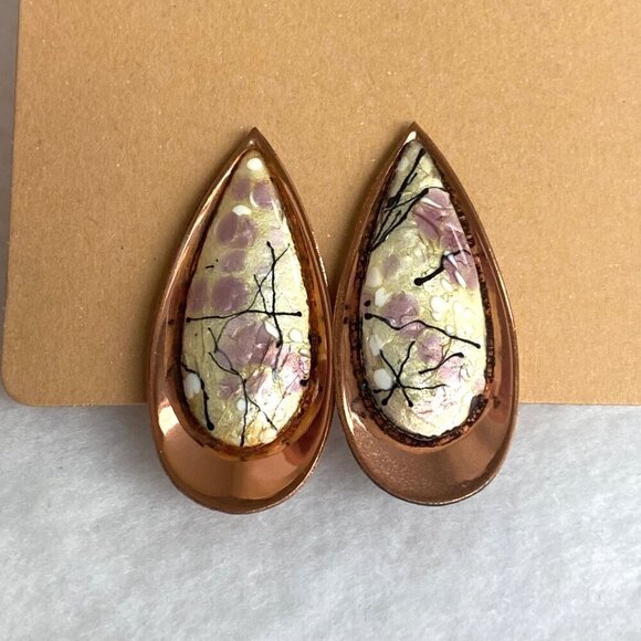 VTG Signed Renoir Matisse Copper Modernist Enamel Teardrop Clip On Earrings - Picture 3 of 16